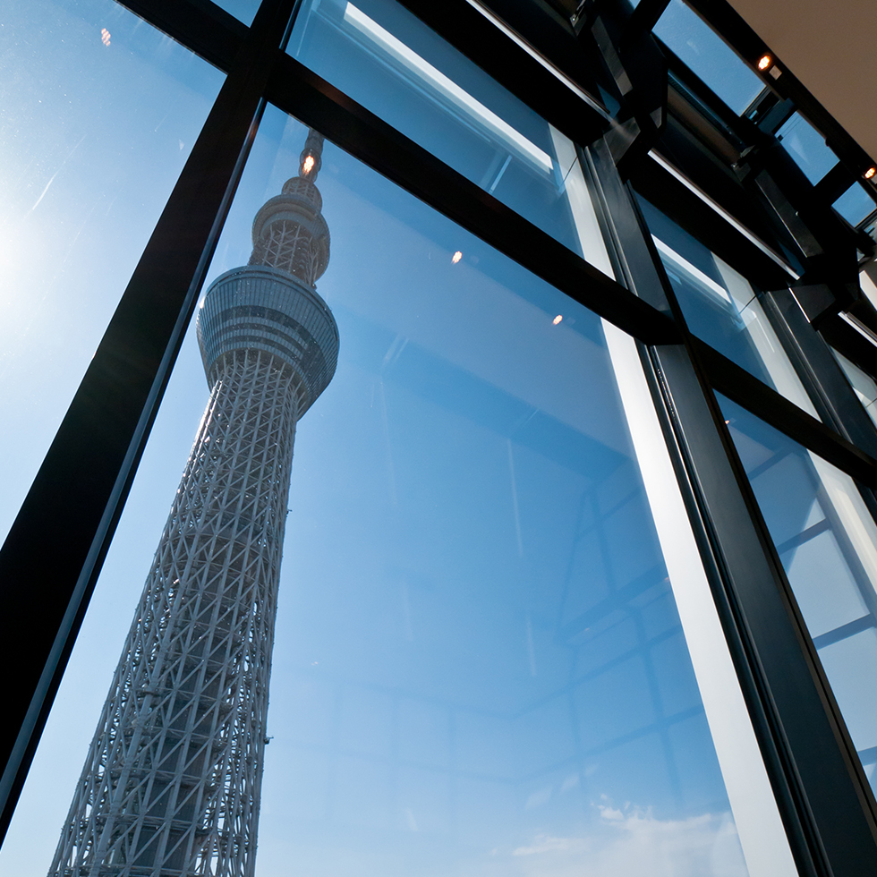 Floor to ceiling windows showcase the awesome beauty of the Skytree