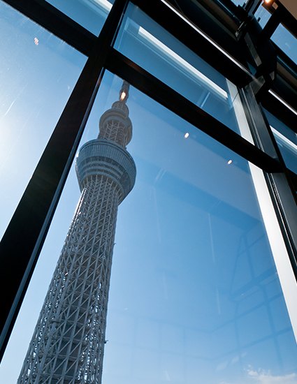 Floor to ceiling windows showcase the awesome beauty of the Skytree